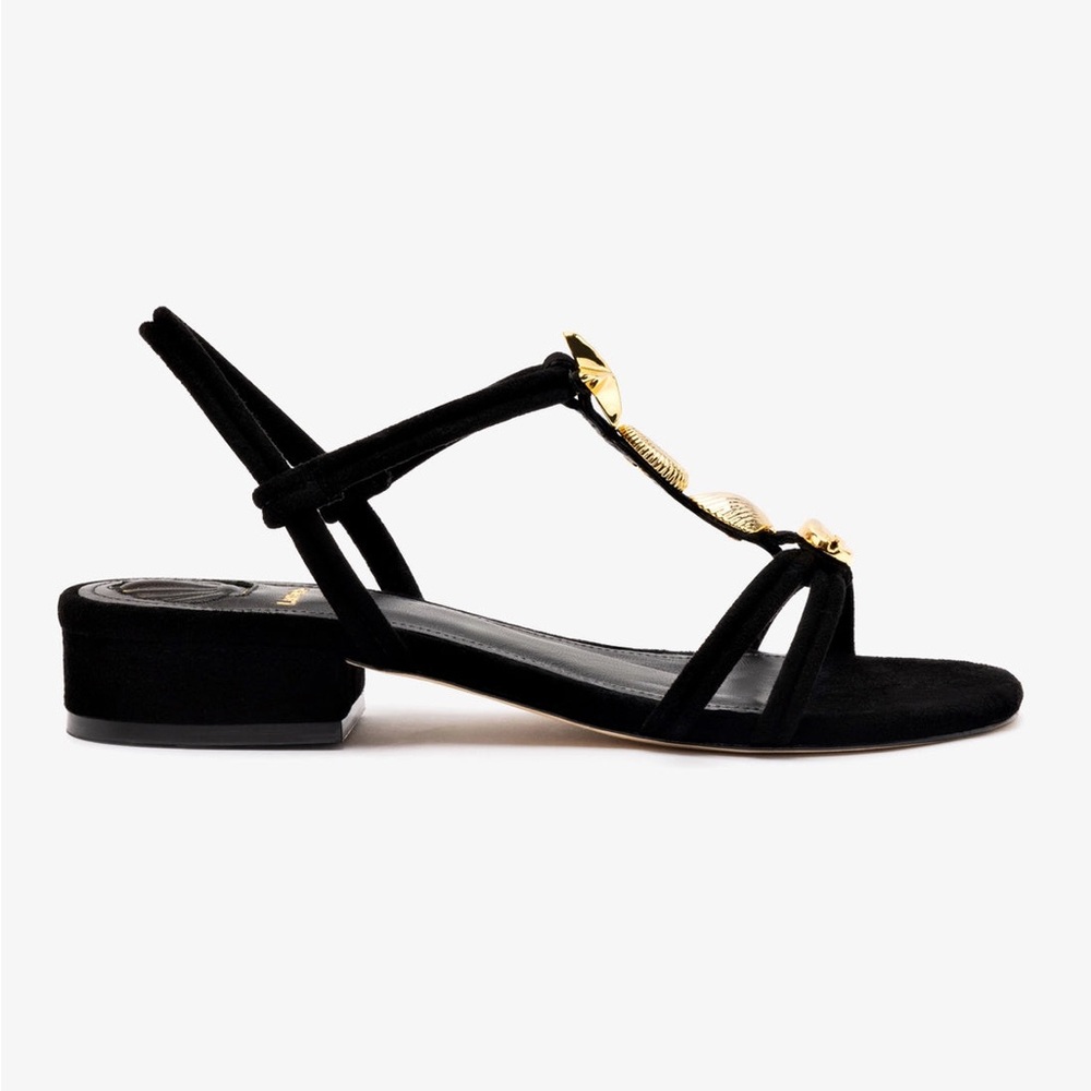 Larroudé Shelly Flat Sandal in Black Suede - Size 5